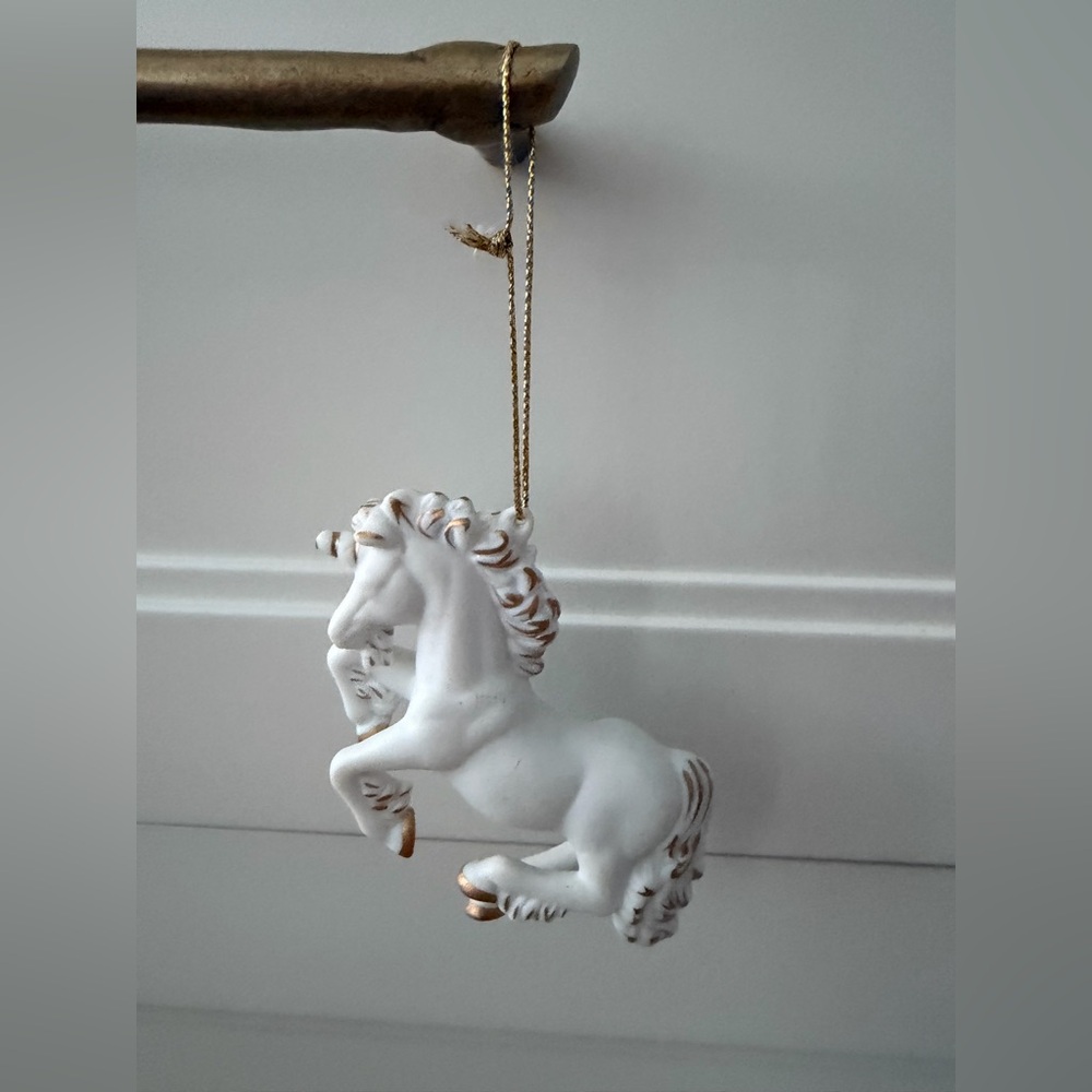 1983 Vintage HALLMARK Ceramic Unicorn Christmas Tree Ornament Holiday White Gold